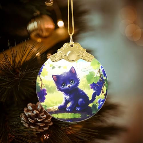 Weinrebe blaue Katze Hristmas Glas rund Anhänger 7,6 x 8,4 cm Weihnachtsbaumschmuck, Zuhause für Versammlungen