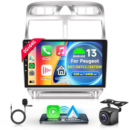 2G+64G Inalámbrico Carplay Android 13 Radio de Coche 2 DIN para Peugeot 307/307CC/307SW 2002-2013 9 Pulgadas Radio Coche con Android Auto GPS Navi WiFi Mirror Link Bluetooth FM/RDS/SWC Cámara Trasera