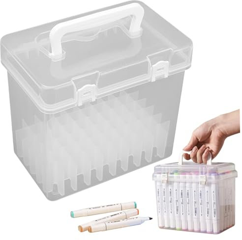Marker Organizer Case, 60 Slots Clear Plastic Marker Storage with Removable Compartment, Portable Box with Handle, Waterproof Holder Organizer with Lid for Desk
