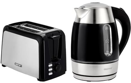 Geepas 2 Slice Bread Toaster & 1.7L Illuminating Electric Kettle Combo Set | 750W Toaster, 7 Level Browning Control, Defrost, Reheat & Cancel Function | 2200W Rapid Boil Cordless Jug Kettle