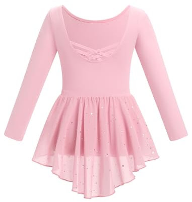 Odizli Ballettkleidung M�dchen Kinder Baumwolle Langarm Turnanzug Gymnastikanzug Tanzbody + Chiffon Glitzer Pailletten T�t� Rock Ballettanzug Tanzkleid Rosa 3-4 Jahre