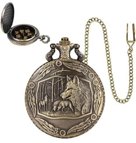 HQRKOTM Retrò Set Dadi D&D Metallo 7 Dadi Poliedrici,Set di orologi da tasca vintage Con catena,per Viaggio Festa Campeggio, per Giochi Giochi di Ruolo(Testa di lupo in rilievo)