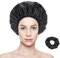 FSWWSF Duschhaube mit Haargummi Wiederverwendbare Duschhaube Damen 3-lagige Wsserdichte Duschhaube für alle Arten von langem Haar ideal für Mädchen (Schwarz)