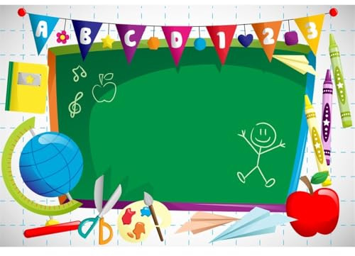 Xiaoterna 2,2x1,5m Zurück zur Schule Hintergrund Aquarell Kreidetafel Stift Papier Flugzeug Globus Fotografie Hintergrund Willkommen im Kindergarten Hintergrund Kinderportrait Fotorequisiten
