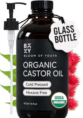 Bloom of Youth Pure Organic Cold Pressed Castor Oil, Glass Bottle 473 ml (16 Oz) | Hexane Free, Unrefined, Usda Certified | For Hair Growth, Care