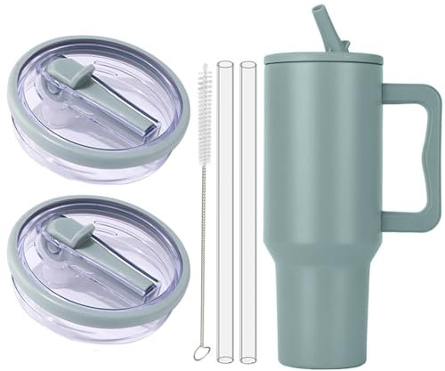 Leak Proof Lid for Stanley Cup 40oz, Leak Proof Replacement Lid for Stanley Cup with Straw, No Spill Lid for Stanley Quencher Reusable Leak-Proof Cup Brush with Straw (C, 2PCS) (Dark Green, 2PCS)