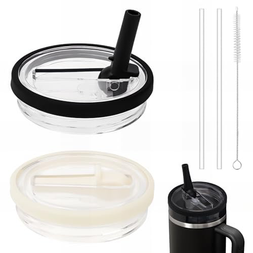 Bugucat 2 tapas Stanley Cup a prueba de fugas 40OZ, tapa de repuesto con 2 pajitas y 1 cepillo de pajita, tapa de repuesto reutilizable para accesorios Stanley, color blanco y negro