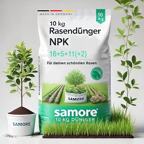 Samore Rasendünger NPK 16-5-11 I 10 kg für 500 m² I für einen gesunden Rasen I verdrängt Moos ideal für Frühjahr und Sommer I Streuwagen geeignet I staubarmes Granulat Dünger I gegen Trockenstress