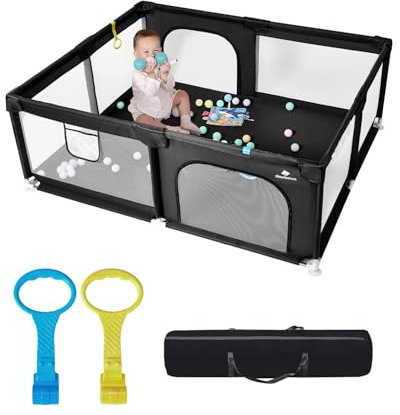 derimkcoa Laufstall Baby,Laufgitter Baby,Große Kinder Sicherheitsspielplatz,Kinderzaun mit Atmungsaktivem Netz,Tragbarer Laufstall für Drinnen und Draußen(150x180x66cm,Schwarz)