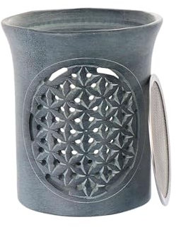NKlaus Räucherstövchen 9x7,6cm Speckstein – Blume des Lebens, handgeschnitzt mit Räuchersieb & Gravur, ideal für Meditation, Deko & spirituelle Rituale 16683