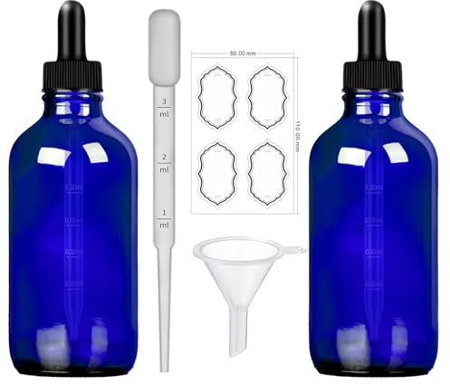 MANHOJIA 2 Pack 4oz Amber Glass Dropper Bottles,Glass Eye Dropper Bottles for Essential Oils Sample Traveling,Chemistry Lab Chemicals, Colognes & Perfumes (blue)