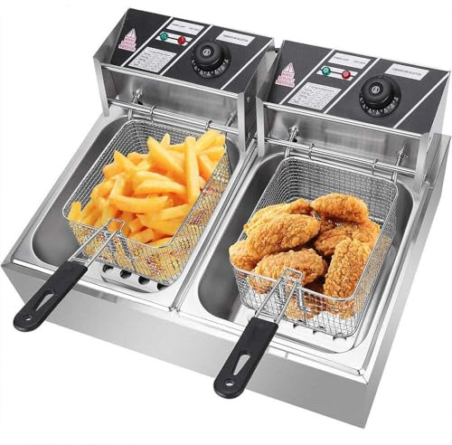 20L Double Deep Fat Fryer,5000W Electric Deep Fryer Stainless Steel - 60-200℃ Adjustable Temperature Chip Fryer With Basket & Lid- Easy To Clean