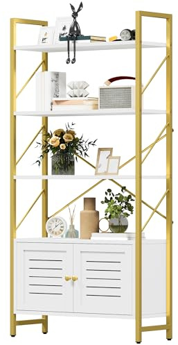 DWVO White & Gold Bookcase, 5-Shelf Storage Cabinet with Doors, Modern Bookshelf for Office & Home, Compact Display Rack, Durable Design
