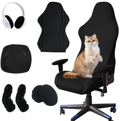 BNGXR Gaming Stuhl Bezug, 6 Stück Gaming Stuhlhussen Schwarze, Weich Bürostuhl Bezug Atmungsaktives Dehnbare Abnehmbar Waschbar mit Armlehnen Stuhlüberzug, Passend für Drehstühle & Sessel