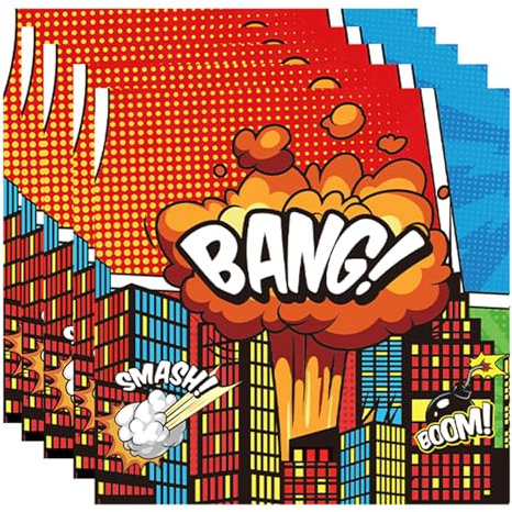 Ovanda 20 Stück Helden Thema Party Servietten (33 x 33 cm), Theme Partygeschirr Set,Cartoon Geburtstag Deko,Retro Stadt Rot Papierservietten,Kinder Geburtstag Tischdekoration,Heroes Geburtstagszubehör
