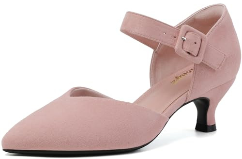 RIBONGZ Comfortable Kitten Heels for Women Pointed Closed Toe Ankle Strap Buckle Heels Slip on Low Heel Church Pumps Wedding Bridal Party Dressy Shoes, Pink Suede, 10 UK