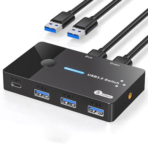 AILVLVNG USB 3.0 Switch 2 PC Sharing USBC & A Geräte, USB Schalter 2 In 4 Out Sharing Tastatur Maus und Drucker für 2 Computer mit Desktop Controller und 2 Universal Serial Bus 3.0 Kabel