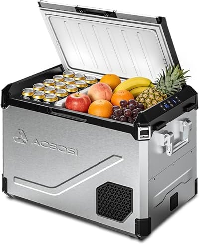 AAOBOSI Frigo Portatile Compressore 60L, Acciaio Inox, con APP,Doppia Zona | Scocca in Acciaio Inox, Controllo da APP, Compressione -20°C a 20°C, Luce LED, Silenzioso, 12V 24V 230V AC