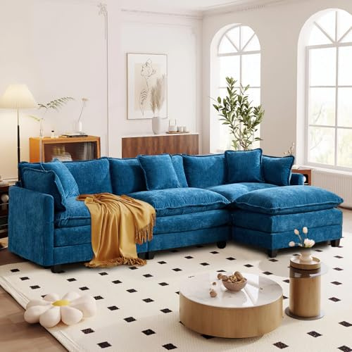 SoarFlash Modulares Sofa mit Doppelpolsterung, Blau, 3 Sitze + 1 Fußhocker | Chenille Stoff mit Kissen & Armlehnen. Niedrige Sitzfläche, flache Füßen. Ideal für Wohnzimmer, Schlafzimmer & Wohnungen.