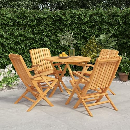 JHQHSM 5-TLG. Garten-Essgruppe aus Massivholz Teak Klappbar mit Sonnenschirmloch und Rückenlehne für optimalen Sitzkomfort, Wetterfeste Outdoor-Möbelgruppe mit robuster Tischplatte