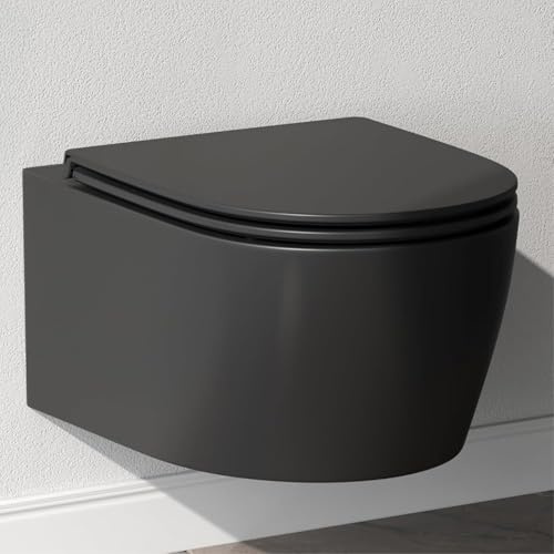 AM.PM X-Joy S – Wand WC spülrandlos | Hänge WC mit Toilettendeckel mit Absenkautomatik | Duroplast Sitz | Kompatibel mit Vorwandelement | Modernes Gäste WC Set | Kloschüssel hängend | Schwarz 50cm