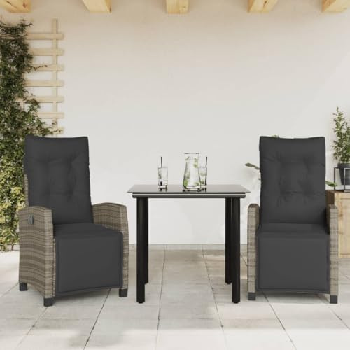 Qnhdfrt 3-teiliges Gartenmöbel Set Poly Rattan Balkonmöbel Grau 80 x 80 cm Tisch mit Glasplatte Sessel verstellbar bis Liege Kissen Outdoor für Terrasse Kleiner Balkon