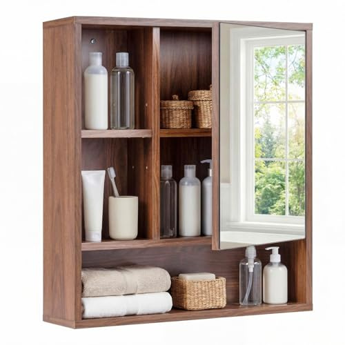 COSTWAY Spiegelschrank, Badschrank mit offenen Fächern & verstellbaren Ablagen, Badezimmerschrank mit Spielgeltür, Wandschrank, Hängeschrank für Badezimmer & Wohnzimmer, 55 x 16 x 61 cm (Braun)