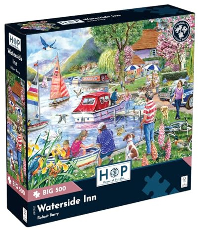 The House of Puzzles Waterside Inn, Big 500 Piece Jigsaw | River Theme, Boats, Birds & Wildlife, Extra Large Pieces, Artist Illustrated, Easy Puzzling Gift for Adults