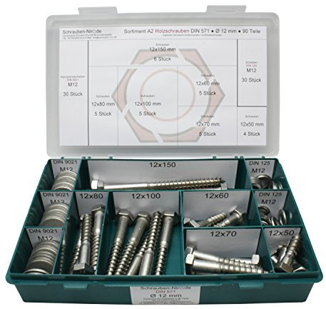 Sortiment DIN 571 Edelstahl A2 Schlüsselschrauben Durchmesser 12,0 mm, 90 Teile ; Sechskant/Holzschrauben inc. Scheiben, Material VA V2A