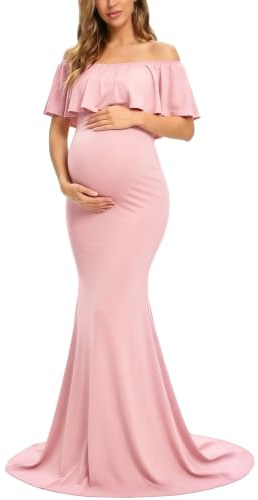 Glampunch Schulterfreies Umstandskleid für Damen, mit Rüschen, elegant, Kleid mit schmaler Passform, Maxi-Kleid für Fotoshootings