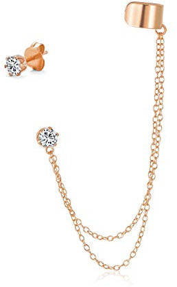 Bague de cartilage géométrique simple avec chaîne, manchette d'oreille, clou d'oreille en CZ pour femmes, adolescents, hommes, plaqué or rose en argent sterling .925