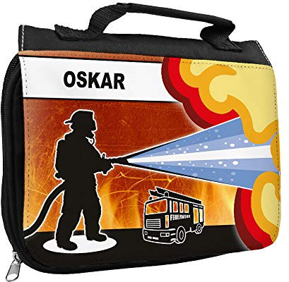 Kulturbeutel mit Namen Oskar und Feuerwehr-Motiv für Jungen | Kulturtasche mit Vornamen | Waschtasche für Kinder