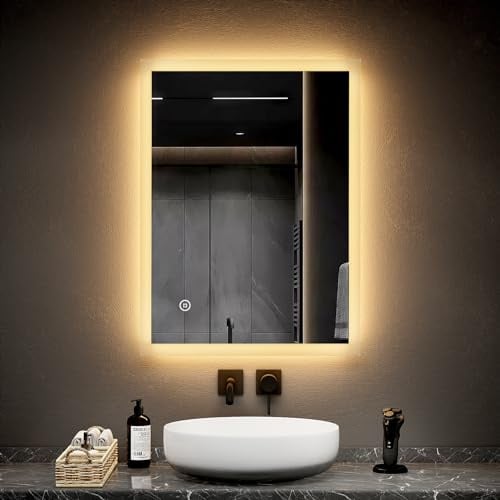 EMKE LED Badspiegel 80x60cm Badezimmerspiegel mit Beleuchtung 3 Lichtfarbe 3000-6400K kaltweiß Neutral Warmweiß Lichtspiegel Badezimmerspiegel mit Touchschalter+Beschlagfrei IP44