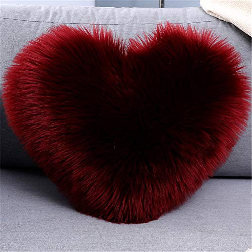 Martin Kench Herzkissen, Schaffell Lammfell Kunstfell Langhaar Zierkissen, Faux Lammfell Schaffell Kissen Dekokissen Zierkissen für Sofa Bett (Weinrot)