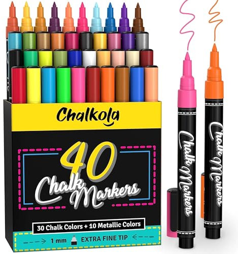 Chalkola Chalk Pens - Pack of 40 (Neon, Classic & Metallic) Chalk Pens - For Chalkboard, Blackboard, Window, Labels, Bistro, Glass - Wet Wipe Erasable - 1mm Extra Fine Tip