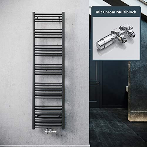 ELEGANT Badheizkörper Anthrazit 1800x500mm mit Chrom Multiblock Thermostat Handtuchheizkörper Handtuchtrockner Handtuchwärmer
