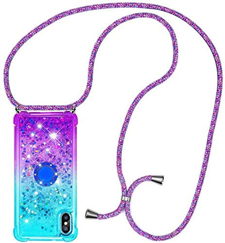 HongMan Handykette Hülle für iPhone X/iPhone XS - Quicksand Glitzer Hülle mit Band - Silikon Handyhülle mit Kordel Umhängenband - Schnur mit Treibsand Case zum Umhängen,Blau + Lila