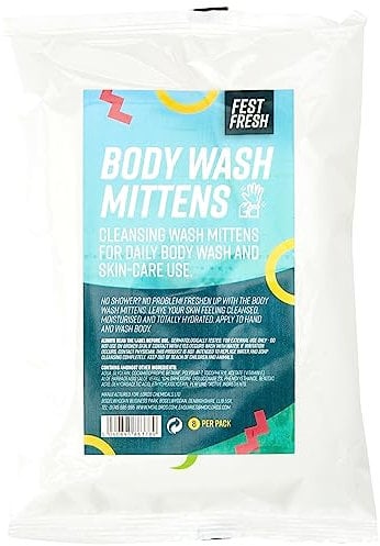 FestFresh Body Wash Mittens | Adult Washgloves | Disposable Premoistened Cleansing Wipes | Perfect for Camping, Backpacking and Festivals | Pack of 8, White, 1 Pack