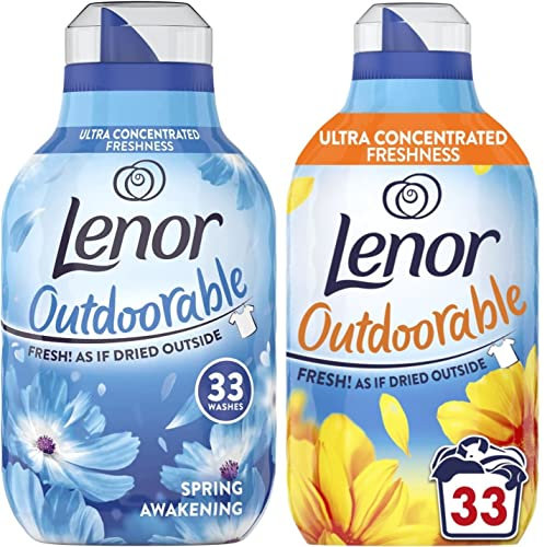 Lenor Outdoorable - Balsamo in tessuto ultra concentrato, 33 lavaggi, 462 ml, profumo di risveglio primaverile + balsamo lenor per esterni ultra concentrato, 33 lavaggi, 462 ml, profumo estivo brezza