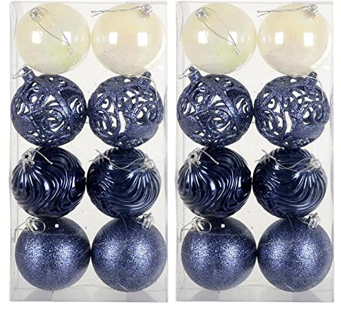 Pack of 16 Christmas Tree Baubles Large Decorations Assorted Designs 8cm - Navy
