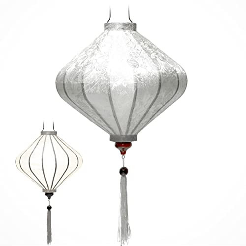 Laterne Lampion Asiatische aus Seide Weiß, T Ø39cm - Traditionelle Hoi An Hängelampe aus Stoff, Bambus und Holz - Dekoration und Handwerk aus Vietnam (T25-B)