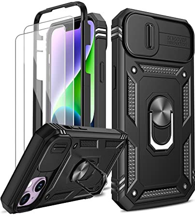 LeYi for iPhone 14 6.1'' Case with Camera Cover Slider, 360° Full Body Armour Military Protective Shockproof Phone Cover | 2 Pack Tempered Glass Screen Protector | Ring Stand Holder | Black