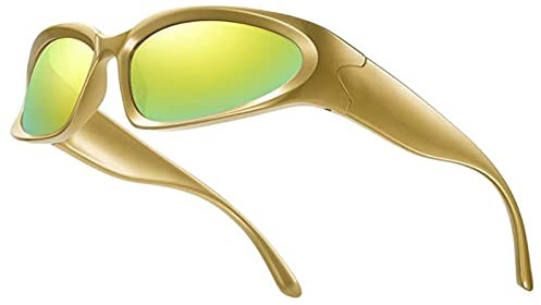 YUELUQU Futuristisch Sonnenbrillen Fahrradbrille für damen herren Y2K Sportbrille UV400 Schutz party brille rennrad brille (Gold(R)-Grün(L))