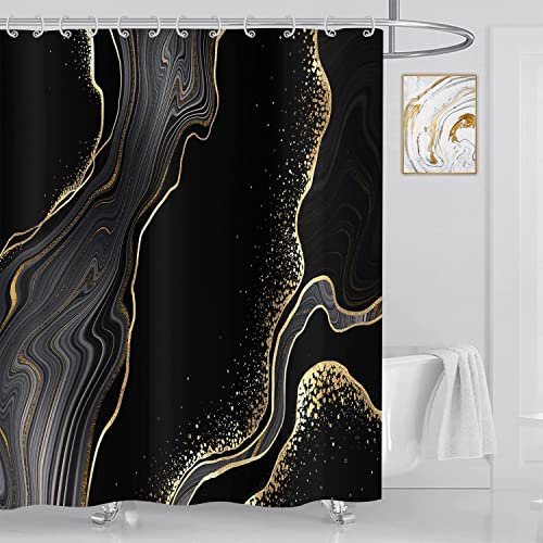 ASDCXZ Marmor Duschvorhang Schwarz Gold 180x200 cm, Modern Abstrakt Schwarz Gold Marmor Optik Textur Waschbar Bad Duschvorhänge Polyester Textil Wasserdicht Duschvorhang für Badewanne mit 12 Hake