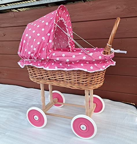 Puppenwagen, Kinderwagen aus Korbweide mit Bettdecke und Kopfkissen - pink - 46 x 30 x 56 cm