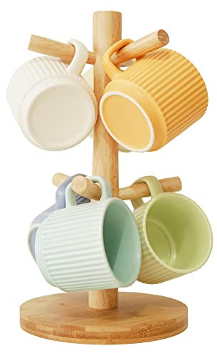 E-ROOM TREND Mug Holder 1 Pack Wood Coffee Cup Rack Organizer with 6 Hooks Stand for Countertop Coffee Bar Accessories and Decor Coffee Organizer Station(MH171)