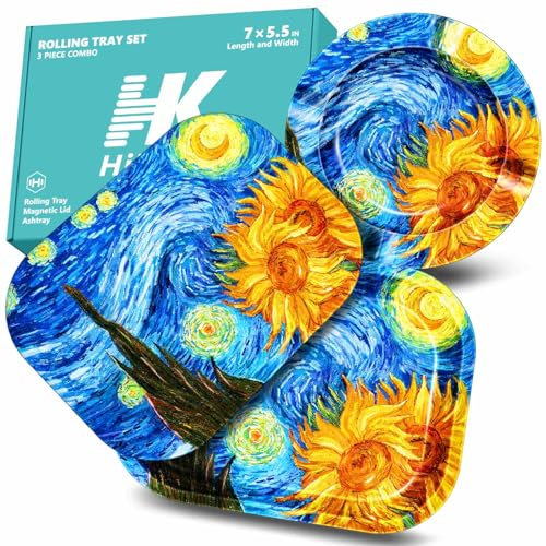 HiKeep Rolling Tray with PVC Soft Magnetic Lid - 7 x 5.5'', Ashtray - 5.8 x 5.8'' - Set of 3 (Sunflower)