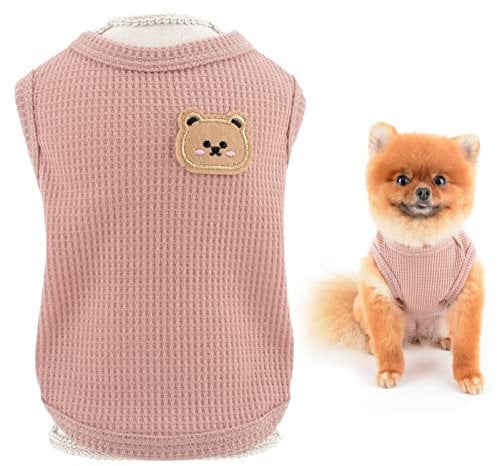 SMALLLEE_LUCKY_STORE Cute Bear Waffle Knit Tank Top Puppy T-shirt for Small Dogs Cats Boy Girl Stretchy Tee Shirt Vest Yorkie Chihuahua Pet Summer Clothes,Pink,S