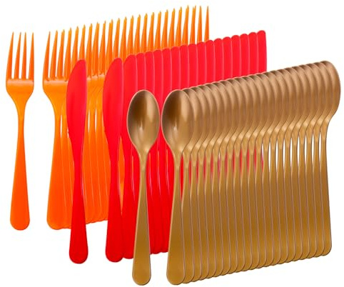 Supernal 180pcs Thanksgiving Plastic Silverware, Thanksgiving Party Supplies, Heavyweight Colored Plastic Silverware Includes 60 Red Knives, 60 Orange Forks and 60 Gold Spoons For Thanksgiving Day