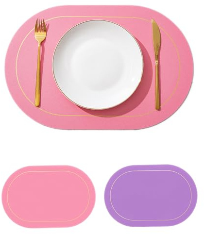 Wambere 4 Stück 45cm×30cm Tischsets Platzsets Leder,Zweifarbiges Ovales Tischset,Tischdekoration Tischuntersetzer Essunterlagen Tischsets Abwaschbar Abwischbar rutschfest Hitzebeständig,Rosa + Lila